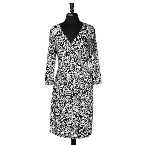 Chaps Ralph Lauren Women's Dress Black White Abstract Stretch Faux Wrap Sheath L - Picture 1 of 9